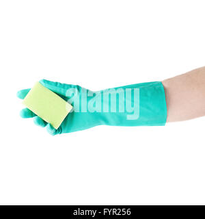 Hand in Latex Gummihandschuh hält Küchenschwamm über weißen Hintergrund isoliert Stockfoto