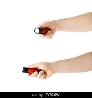 Satz von Hand mit einer Taschenlampe, Zusammensetzung, die über dem weißen Hintergrund isoliert Stockfoto