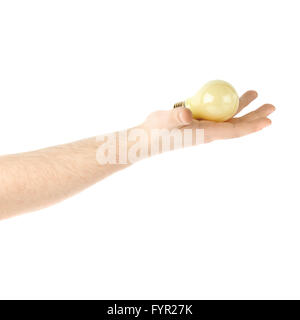 Hand mit einer Glühbirne, Zusammensetzung, die über dem weißen Hintergrund isoliert Stockfoto