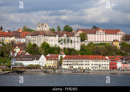 Blick auf die Stadt mit Burg Meersburg, altes Schloss und Neues Schloss, New Castle, Meersburg, Bodensee, Baden-Württemberg Stockfoto