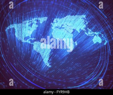 Lichtleitfasern beleuchteten in Form der Weltkarte. 3D Bild-Konzept der globalen Kommunikation durch optische Faser. Stockfoto