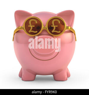 Sparschwein mit Sonnenbrille mit Geld Zeichen. Clipping-Pfad enthalten. Stockfoto