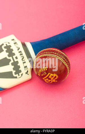 Cricket-Schläger und Ball auf rosa Hintergrund Stockfoto