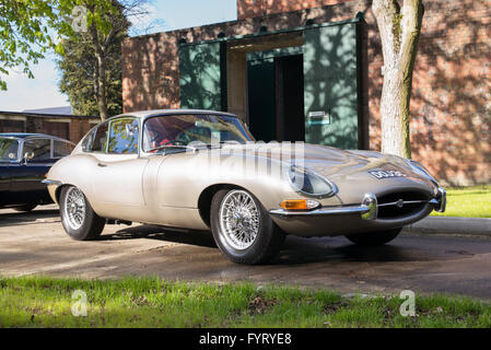 1965 Jaguar E-Typ-Fahrzeug in Bicester Heritage Centre. Oxfordshire, England Stockfoto