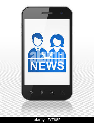 Aktuelles Konzept: Smartphone mit Moderator auf dem Display Stockfoto