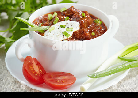 Ungarische Küche. Gulasch in eine weiße Terrine serviert Stockfoto