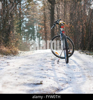 Fahrrad stehen auf dem verschneiten Weg im Wald Stockfoto