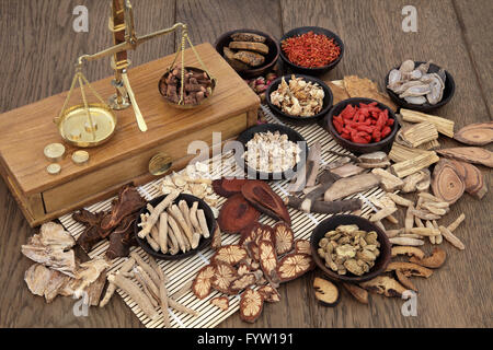 Traditionelle chinesische Kräuter Zutaten in alternative Kräutermedizin mit alten Messing-Schuppen über Bambus und Eiche Hintergrund verwendet. Stockfoto