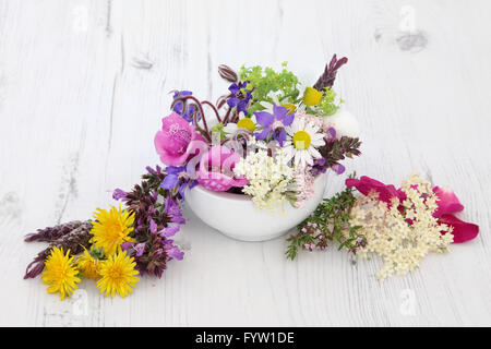 Blumen- und Kräutergarten Auswahl über in natürliche Kräutermedizin verwendet betrübt aus Holz Hintergrund. Stockfoto