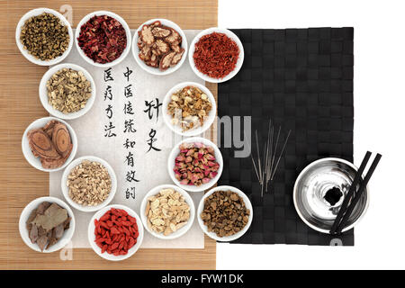 Traditionelle chinesische Heilpflanze Zutaten, Akupunkturnadeln und Moxa-Sticks mit Kalligrafie auf Reispapier. Stockfoto