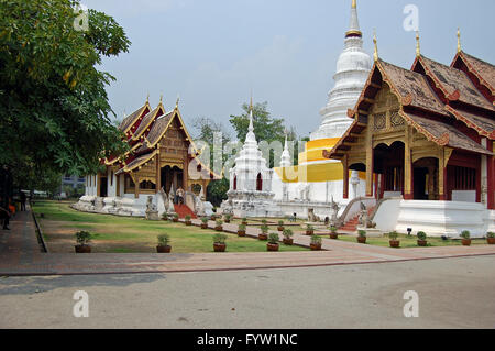 Der Wat Phra Singh Tempel in Chiang Mai, Nordthailand, mit großen weißen Chedi und Teak Tempels Hallen Stockfoto