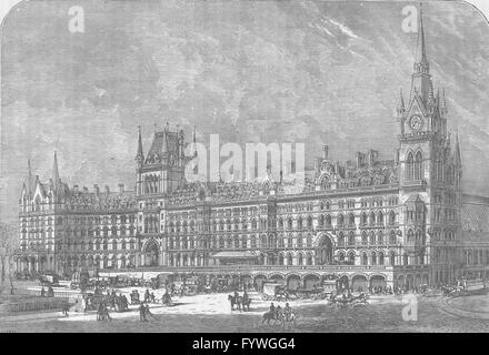 Kings CROSS: vordere Hl.Pankratius Bahnhof und Hotel. London, alte print c1880 Stockfoto