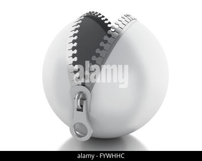3D Renderer Bild. Weiße Kugel mit Reißverschluss geöffnet. Isolierten weißen Hintergrund. Stockfoto