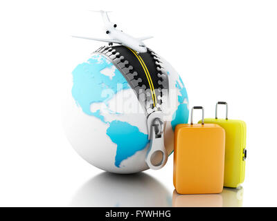 3D Renderer Bild. Globe Kugel mit Reißverschluss geöffnet, Flugzeug und Koffer. Reisekonzept. Isolierten weißen Hintergrund. Stockfoto