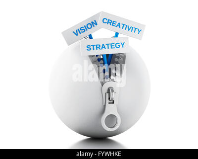 3D Renderer Bild. Weiße Kugel mit Reißverschluss geöffnet und Plakate mit Business-Konzept. Isolierten weißen Hintergrund. Stockfoto