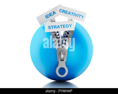 3D Renderer Bild. Blaue Kugel mit Reißverschluss geöffnet und Plakate mit Business-Konzept. Isolierten weißen Hintergrund. Stockfoto