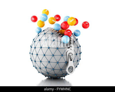 3D Renderer Bild. Netzwerk-Globus mit Reißverschluss geöffnet und innen Farbenkugeln mit Internet Worten. Netzwerk-Kommunikations-Konzept. Ist Stockfoto