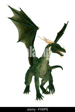 3D-Rendering eines grünen Fantasy Drachen isoliert auf weißem Hintergrund Stockfoto