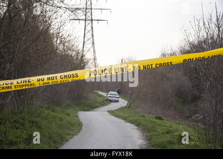 Toronto, Ontario, Kanada. 28. April 2016. Von der Polizei sicher einen Platz, wo ein menschlicher Schädel, am 27. April gefunden wurde. Die Gegend heißt Lavendel Creek Trail. Bildnachweis: Johnny De Franco/ZUMA Draht/Alamy Live-Nachrichten Stockfoto