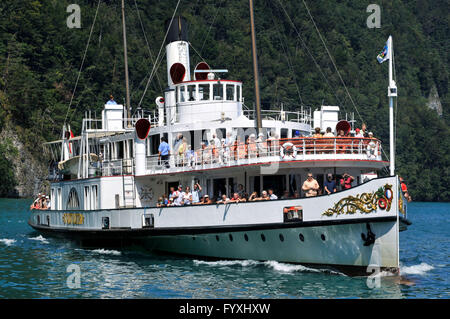 Raddampfer Stadt Luzern, Urnersee, Vierwaldstättersee, Kanton Uri, Schweiz / Vierwaldstattersee, Vierwaldstättersee, Lake der vier Kantone bewaldet Stockfoto