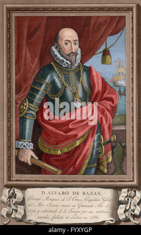 Alvaro de Bazan, 1. Marquis von Santa Cruz de Mudela (1526-1588). Spanische Admiral. Porträt. Gravur. Farbige. Stockfoto