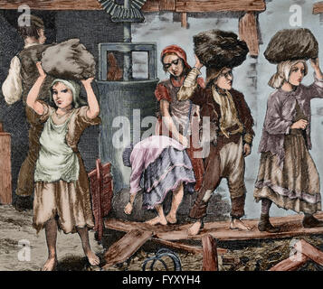 Kinder, die in einer Branche arbeiten. Anfang des 19. Jahrhunderts. Gravur. Farbige. Stockfoto