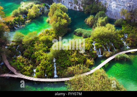 Wasserfälle im Wald. Kristallklares Wasser. Stockfoto