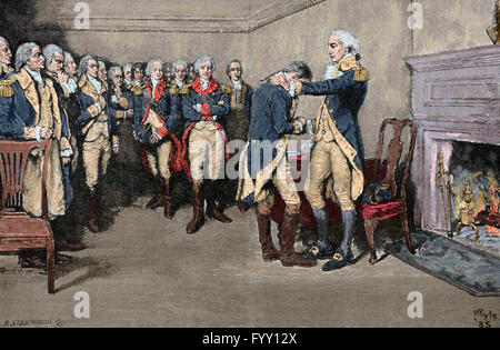 Amerikanischer Unabhängigkeitskrieg (1775-1783). New York City. Washingtons Abschied von seinen Offizieren in Fraunces Tavern am 4. Dezember 1783, der Rücktritt als ein Commander-in-Chief der Kontinentalarmee nach dem Sieg der Vereinigten Staaten. Kupferstich von Howard Pyle. Harper's Weekly, 1883. Farbige. Stockfoto