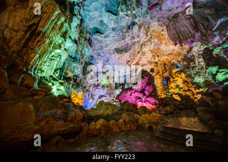 Bunte Beleuchtung in Dau Go Höhle in Halong Bucht, Vietnam Stockfoto