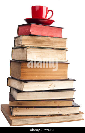 Rote Becher und Bücher Stockfoto