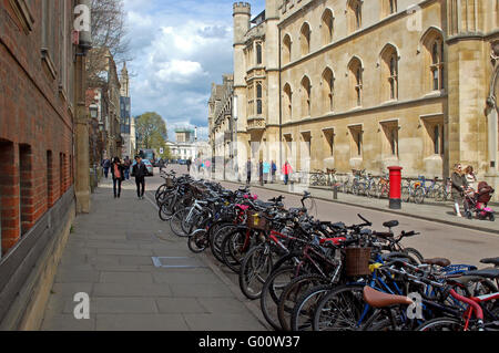 Linien von Fahrrädern auf einem Cambridge Street, außen Christie Corpus Christi College, Cambridge University Stockfoto