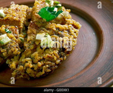 Kibbeh - levantinischen Schüssel Bulgur, gehackte Zwiebeln und fein gemahlen, mageres Rindfleisch, Lamm, Ziege Stockfoto