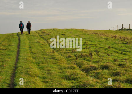 Zwei Wanderer auf dem Ridgeway national Trail in Wiltshire. Stockfoto