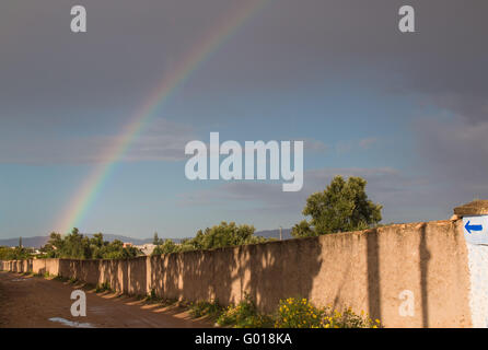 Landstraße mit Paddel nach einem Regen. Sonnenlicht auf dem Zaun entlang der Straße. Regenbogen am Himmel. Stockfoto