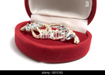 Roter Schmuck-Box mit zwei Ohrringe. Isoliert auf weiss Stockfoto