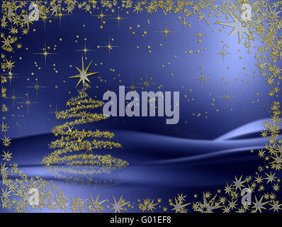 Goldener Weihnachtsbaum mit Sternen auf blauem Hintergrund Stockfoto