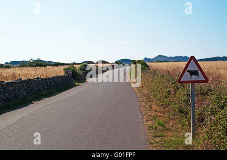 Menorca, Balearen, Spanien, Europa: Warnzeichen für die Passage der Kühe in der menorquinischen Landschaft Stockfoto