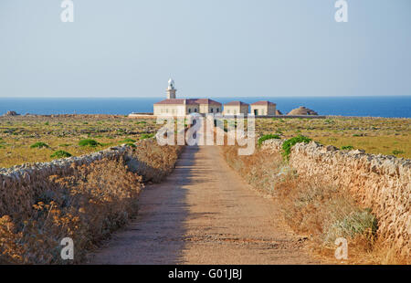 Menorca, Balearen, Spanien, Europa: Red Rocks und Natur auf dem Weg zur Punta Nati Leuchtturm, im Jahre 1913 im äußersten Nordwesten der Insel eröffnet Stockfoto