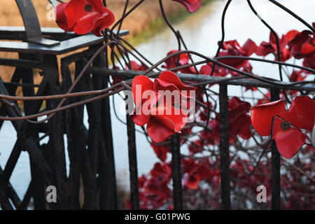 Nahaufnahme einer Keramik Mohn mit dem Mohn Welle und Untersee in Yorkshire Sculpture Park im Hintergrund. Stockfoto