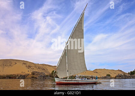 Ägypten Assuan Faluka Segeln Vergangenheit Wüstenlandschaft Stockfoto
