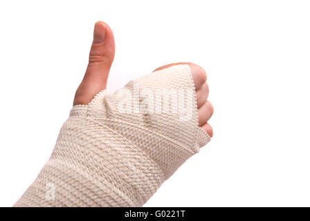 Weiße Medizin Bandage auf Verletzungen der menschlichen Hand. Studio isoliert. Stockfoto