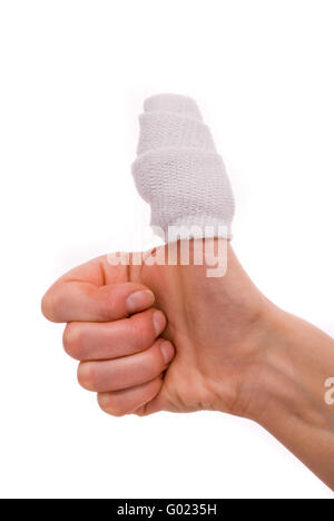 Weiße Medizin Bandage auf Verletzungen Hand Finger. Studio isoliert. Stockfoto