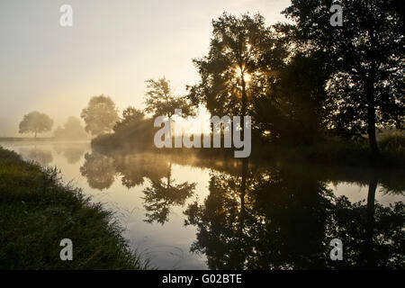 Morgennebel am Canal du Centre, Burgund, Frankreich Stockfoto