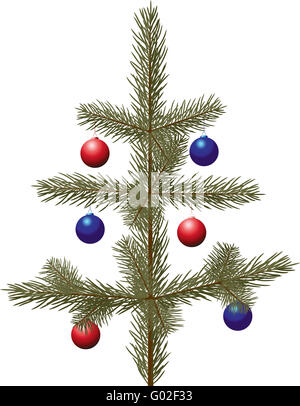 Vektor-Weihnachtsbaum mit rot- und Darkblues Kugeln auf weiß Stockfoto