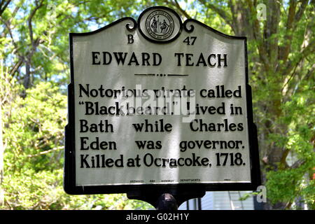 Bath, North Carolina State historischen Zeichen für die berüchtigte Edward Teach, besser bekannt als "Blackbeard" Stockfoto