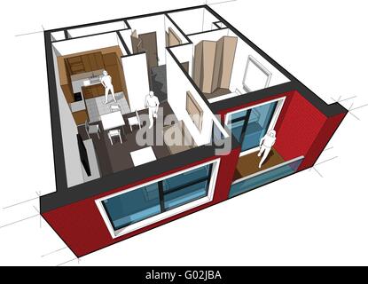 Perspektivischen Cutaway Diagramm eines mit 1 Schlafzimmer-Wohnung komplett möbliert Stock Vektor