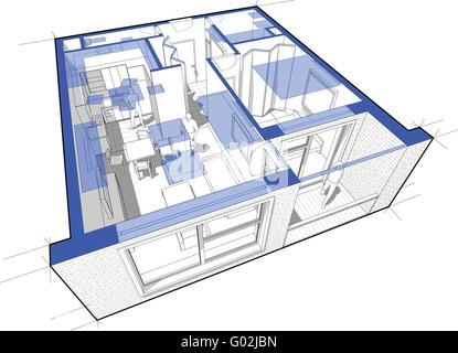 Perspektivischen Cutaway Diagramm einer Einzimmer-Wohnung komplett möbliert mit blauen Grundriss Overlay oben Stock Vektor