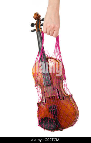 Weibliche Hand hält eine rote Masche mit der Violine, isoliert auf weißem Hintergrund Stockfoto