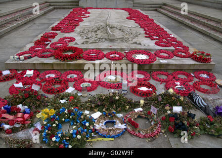 Mohnblumen Krieg Denkmal Löwe George Square Glasgow Welt zwei Stockfoto