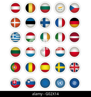 Symbole Flaggen der alle Mitgliedstaaten der EU, EU Flagge. UNO und N.A.T.O Fahnen Stockfoto